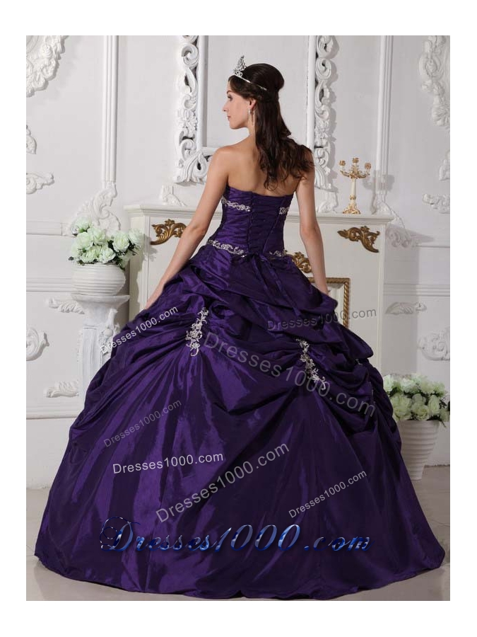 New Style Strapless Appliques Purple Quinceanera Gowns with Pick-ups