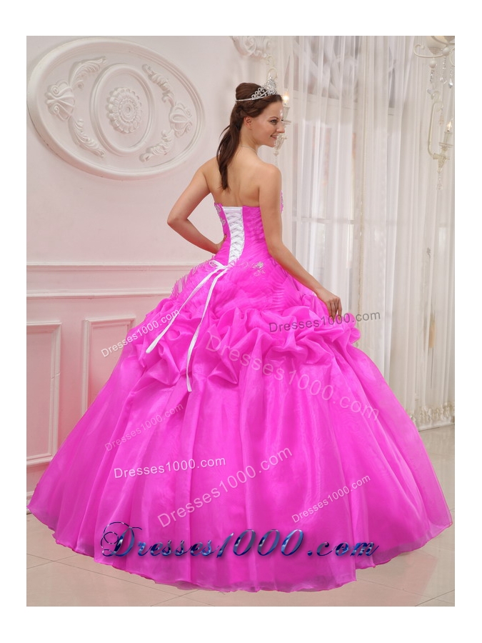 Puffy Hot Pink Strapless 2014 Quinceanera Dress with Beading