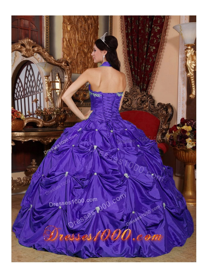 Purple Ball Gown Halter Top Appliques and Pick-ups Quinceanera Dress