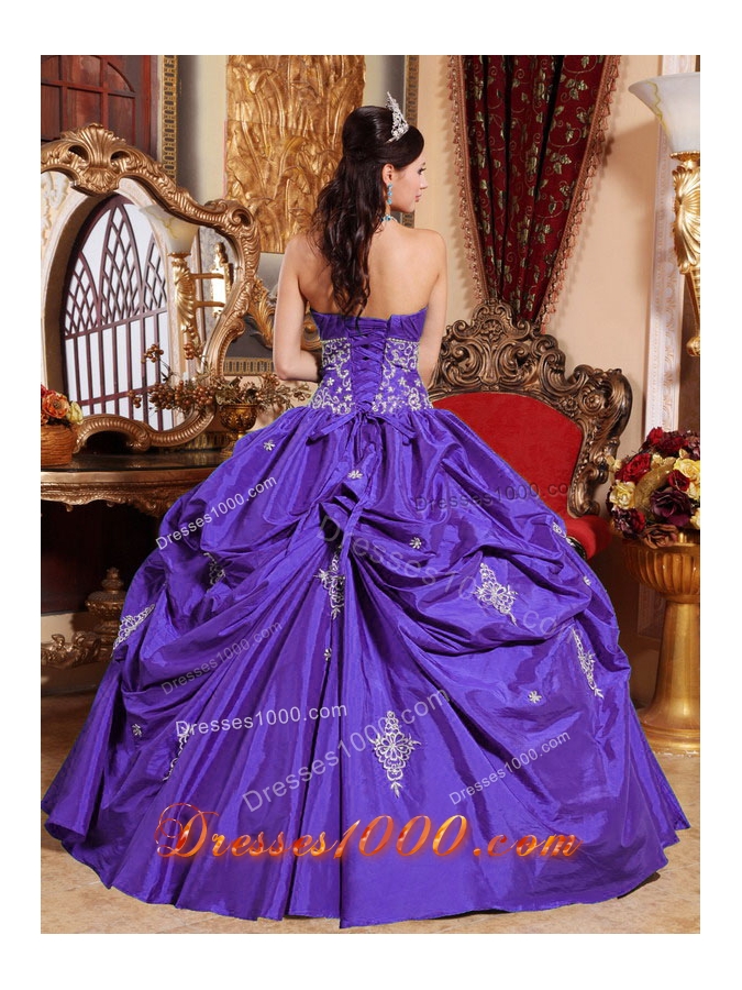 Purple Ball Gown Strapless Appliques Dress For Quinceaneras with Pick-ups