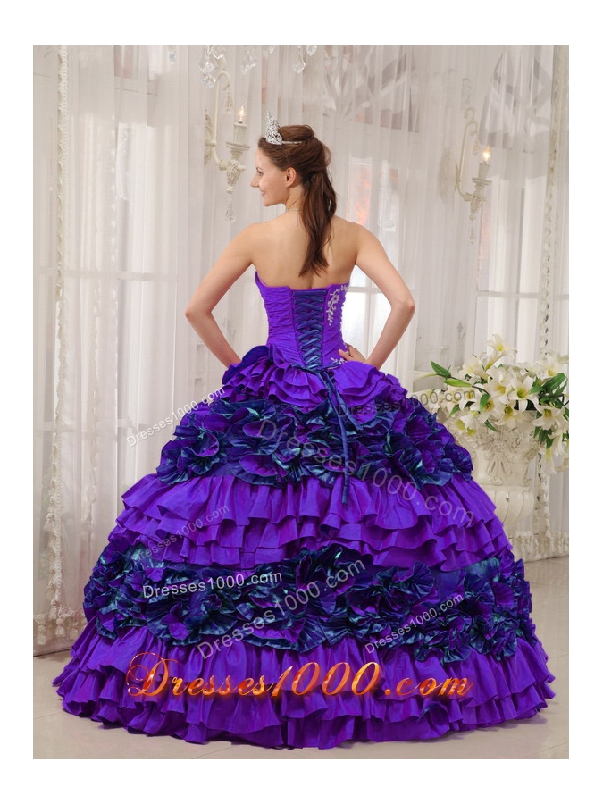 Purple Straplesas Appliques and Ruching Quinceanera Dress with Ruffles