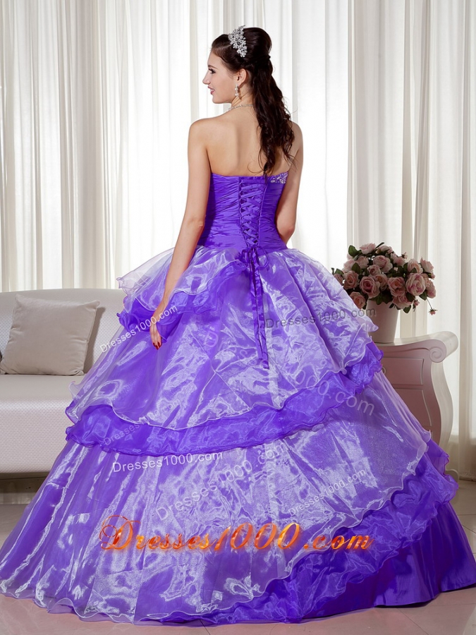 Purple Sweetheart Beading and Hand Made Flower Dress For Quinceanera with Ruffled Layers