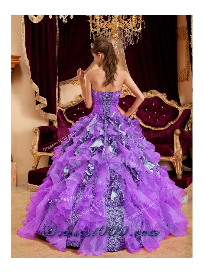 Purple Sweetheart Beading Leopard Organza Quinceanera Gown Dresses with Ruffles