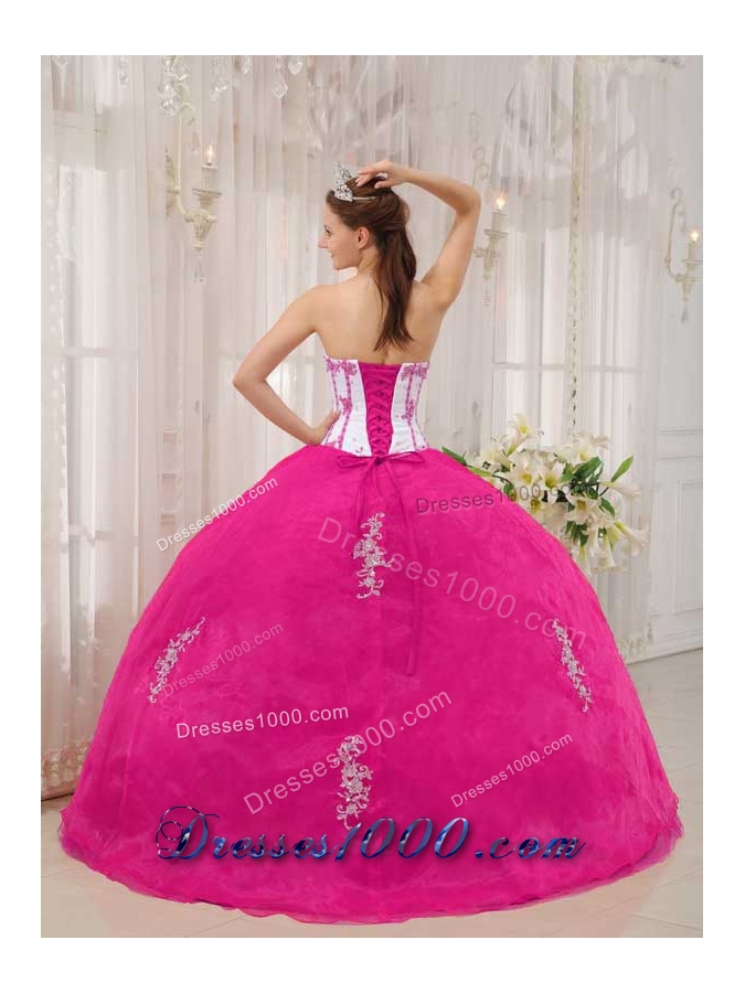 White and Hot Pink Ball Gown Sweetheart Quinceanera Dress with Taffeta Appliques
