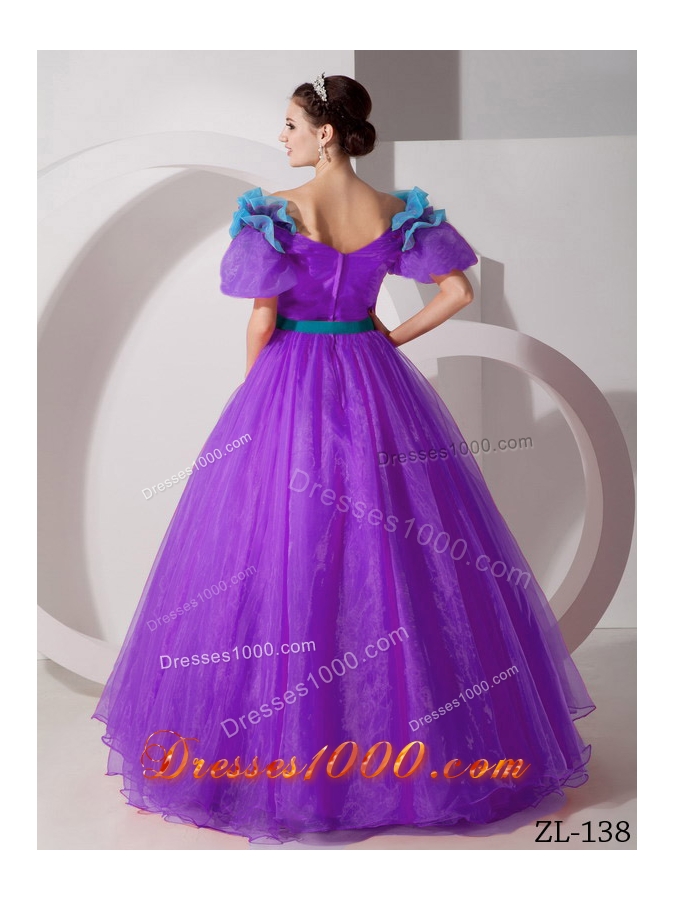A-line V-neck Floor-length Organza Hand Made Flowers Prom Dress