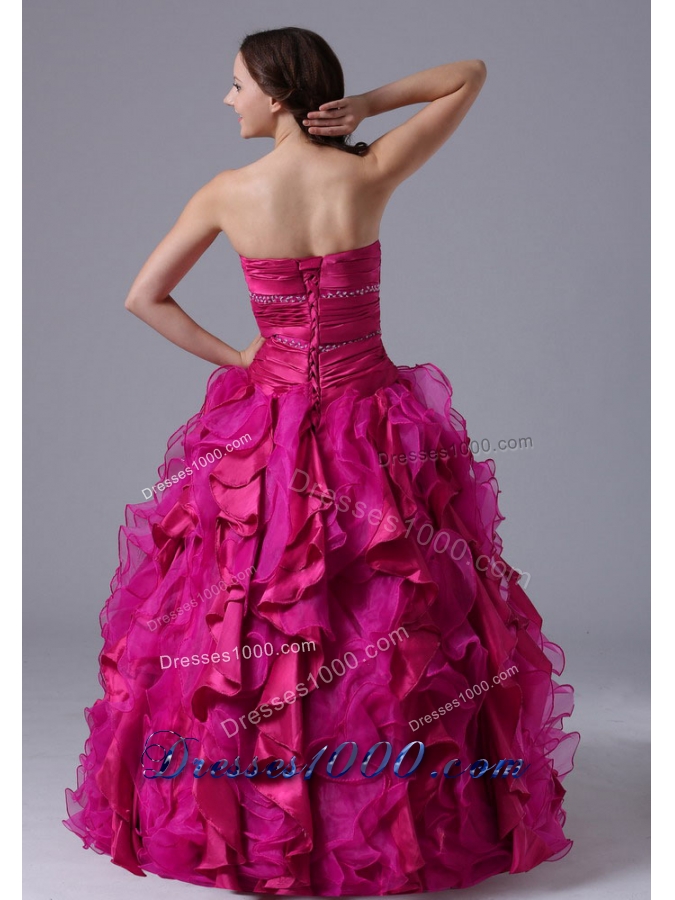Ball Gown Fuchsia Quinceanera Dress with Ruffles Beaded Decorate Bust