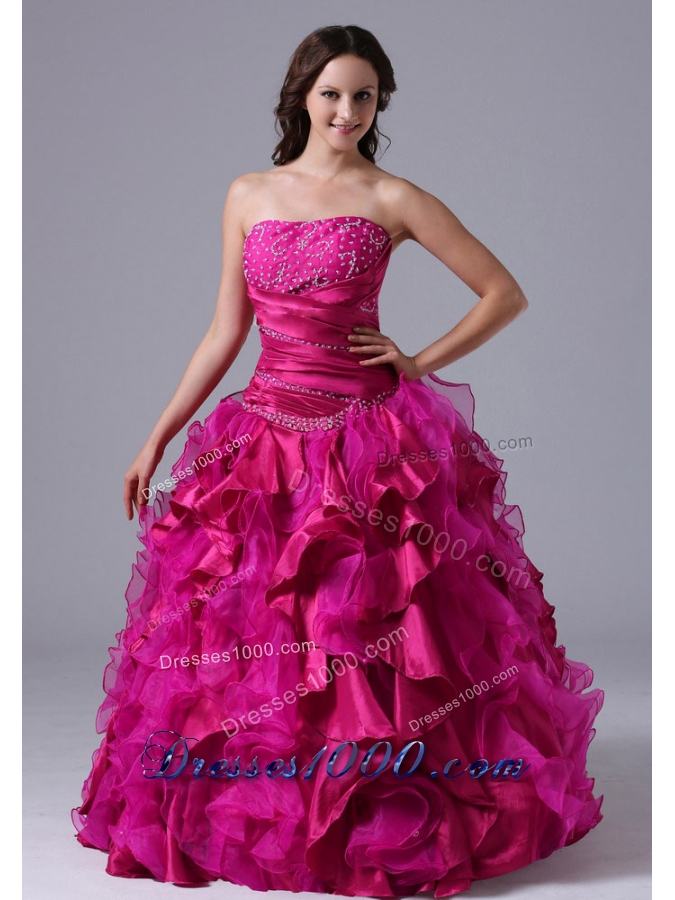 Ball Gown Fuchsia Quinceanera Dress with Ruffles Beaded Decorate Bust
