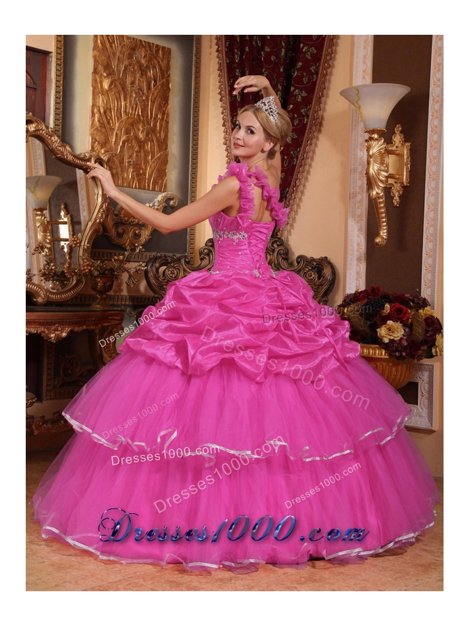 Hot Pink Ball Gown One Shoulder Quinceanera Dress with Organza Beading Pick-ups