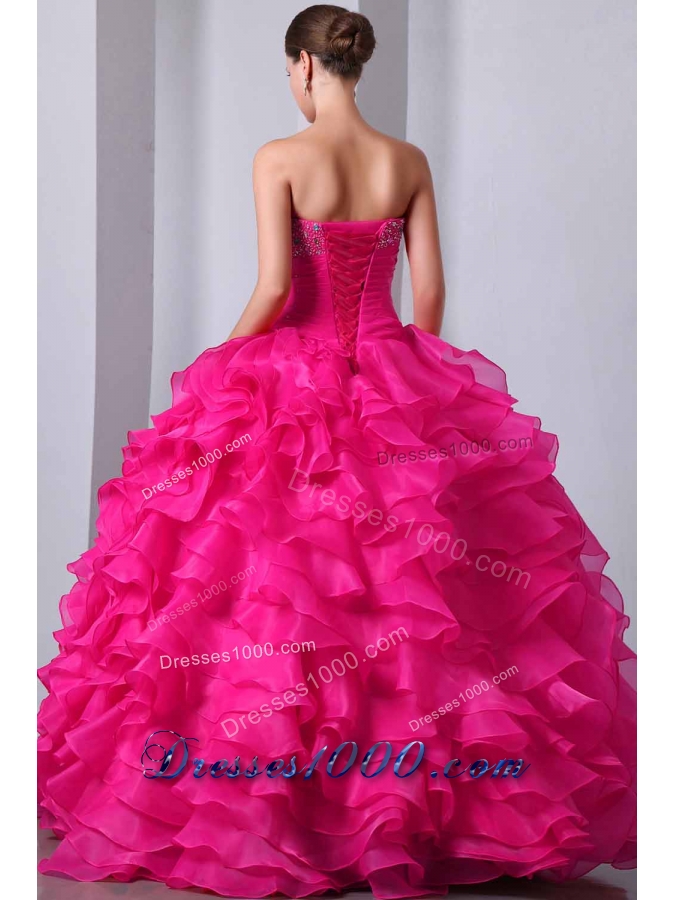 Coral Red Princess Sweetheart Quinceanea Dress with Organza Beading and Ruffles