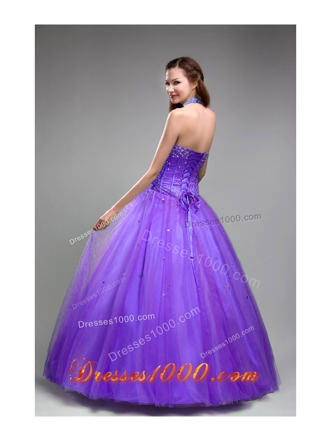 Discount Princess Halter Tulle Purple Quinceanera Gowns with Beading