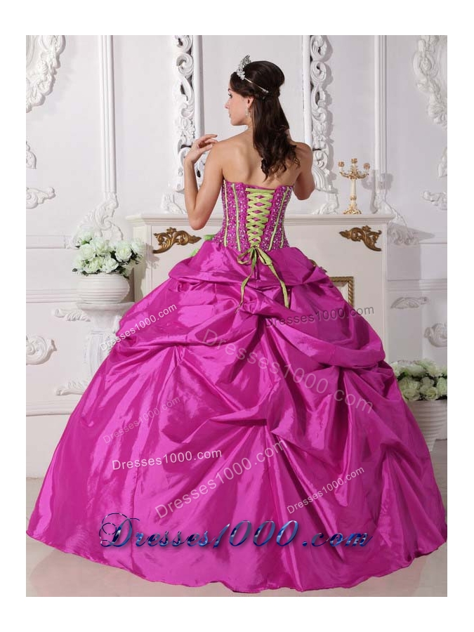 Fuchsia Ball Gown Strapless Quinceanera Dress with Taffeta Beading Hand Made Flowers