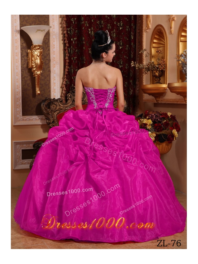 Fuchsia Ball Gown Sweetheart Quinceanera Dress with Organza Appliques