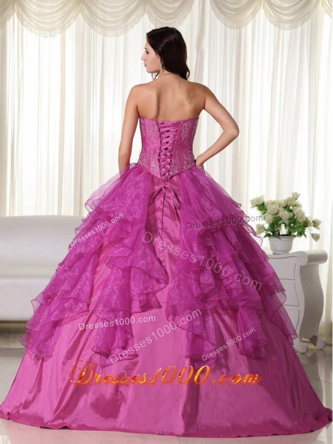 Fuchsia Ball Gown Sweetheart Quinceanera Dress with Organza Embroidery