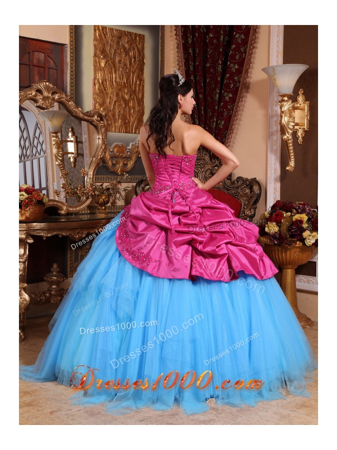 Hot Pink and Blue Ball Gown Strapless Quinceanera Dress with Appliques Beading