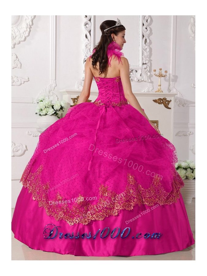 Hot Pink Ball Gown Halter Quinceanera Dress with Taffeta Beading Appliques
