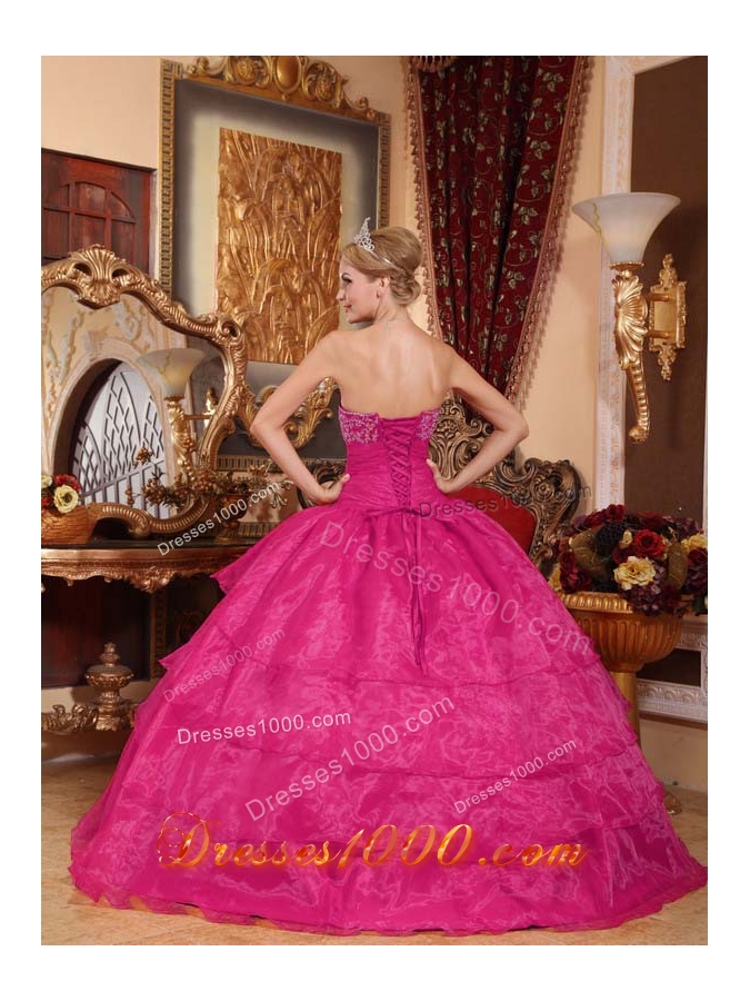 Hot Pink Ball Gown Strapless 2014 Quinceanera Dresses with Appliques