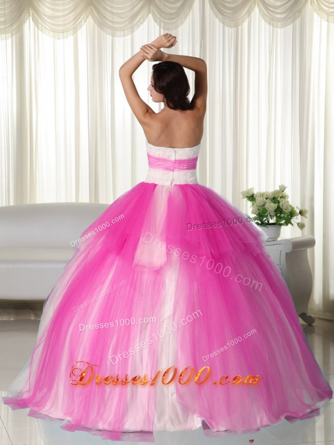 Hot Pink Ball Gown Strapless Quinceanera Dress with Tulle Beading