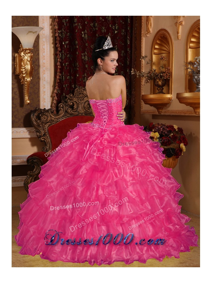 Hot Pink Ball Gown Strapless Quinceanera Dresses with Organza Beading