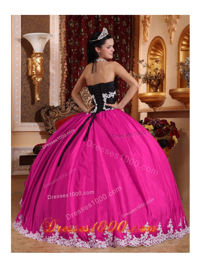 Hot Pink Ball Gown V-neck Quinceanera Dress with Taffeta Organza Appliques