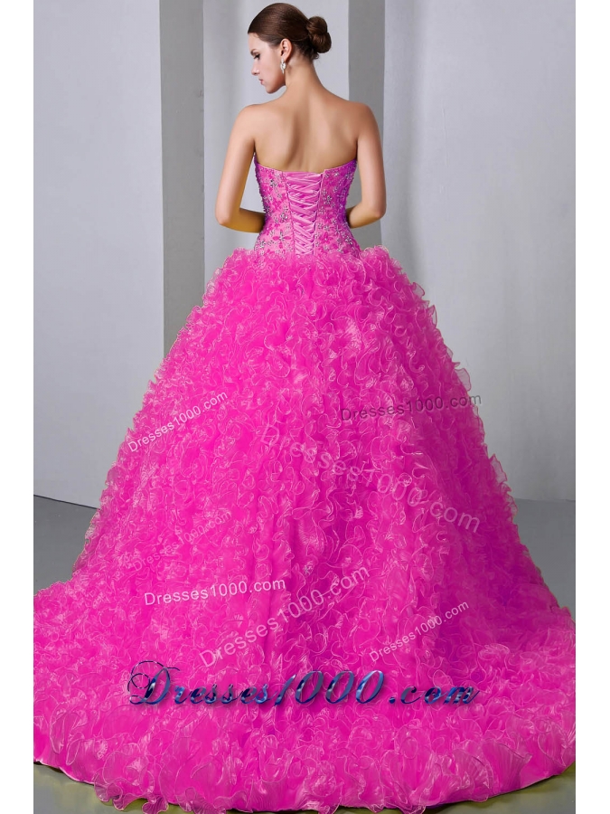 Hot Pink Princess Sweetheart Brush Train Quinceanea Dress with Organza Beading Ruffles