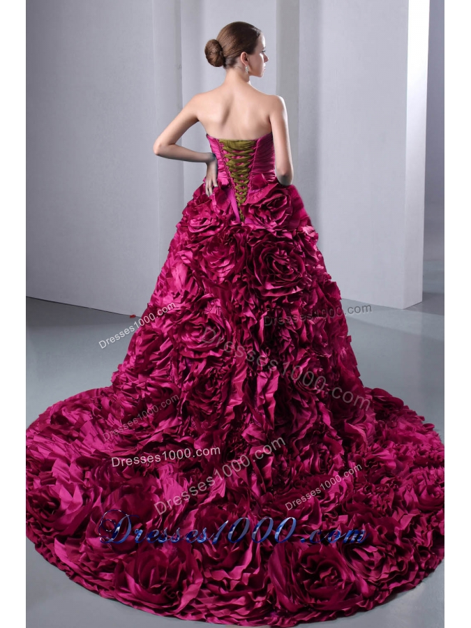 Hot Pink Princess Sweetheart Brush Train Quinceanea Dresses with Hand Made Flowers