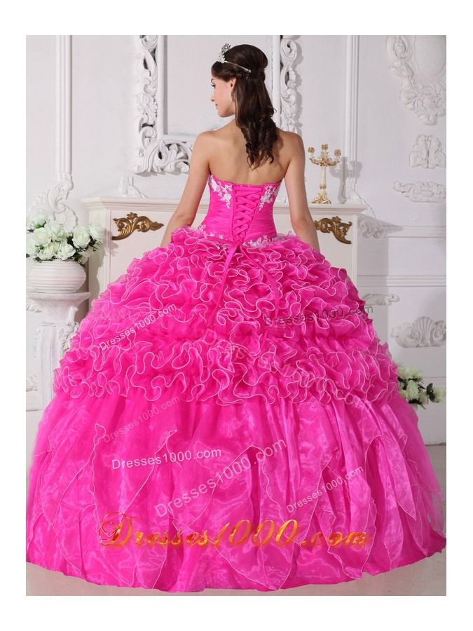 Pink Ball Gown Strapless Quinceanera Dress with Organza Embroidery Beading
