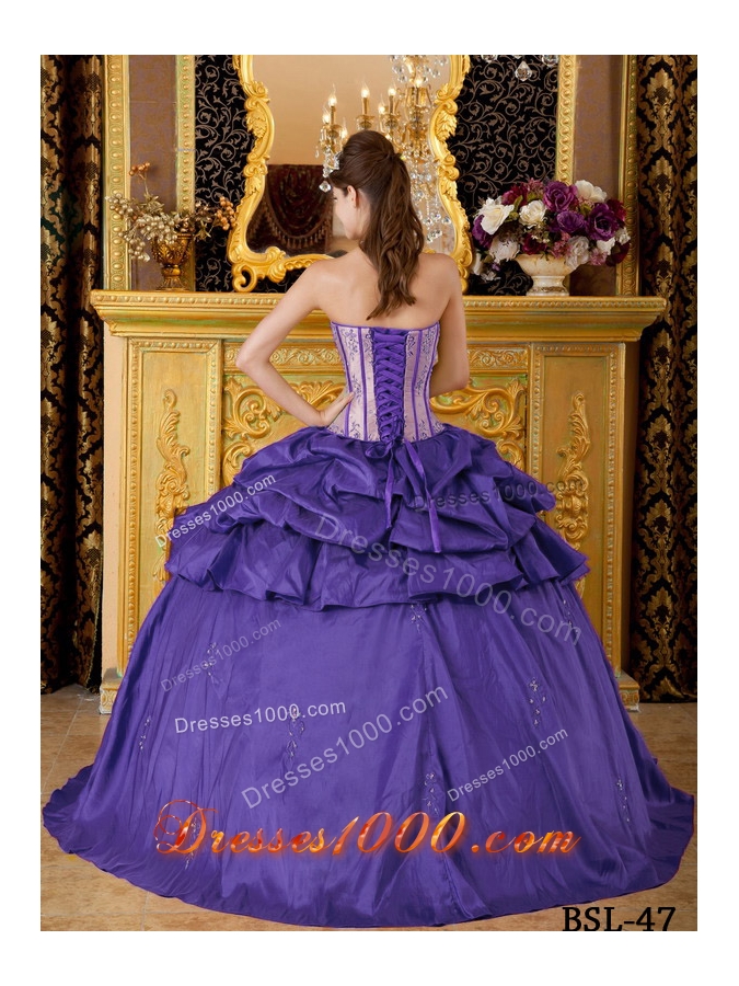 Purple Ball Gown Strapless Appliques Quinceanera Dresses with Pick-ups