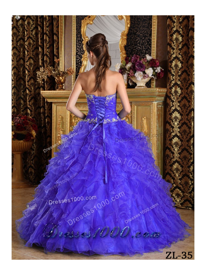 Purple Princess Sweetheart Organza Quinceanera Gowns with Appliques and Pick-ups