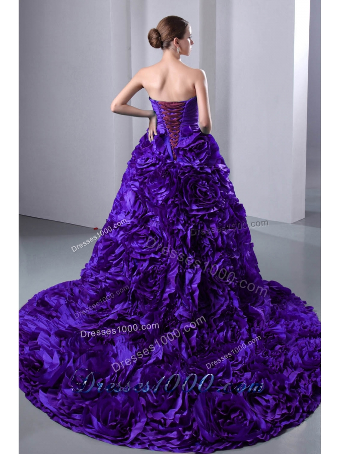 Purple Princess Sweetheart Ruching and Hand Made Flowers Quinceanea Dress