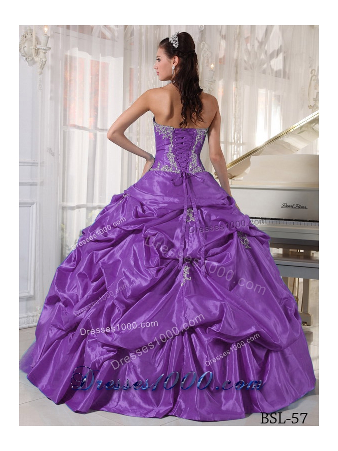 Purple Strapless Appliques Quinceanera Gowns with Pick-ups
