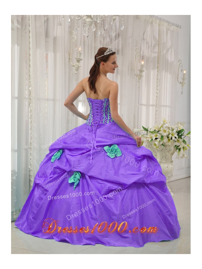 Purple Strapless Beading and Hand Made Flowers Modest Quinceanera Dress