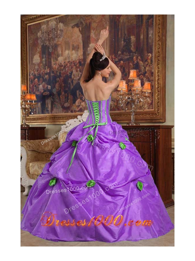 Purple Strapless Beading and Pick-ups Quinceanera Dress with 3D Flower