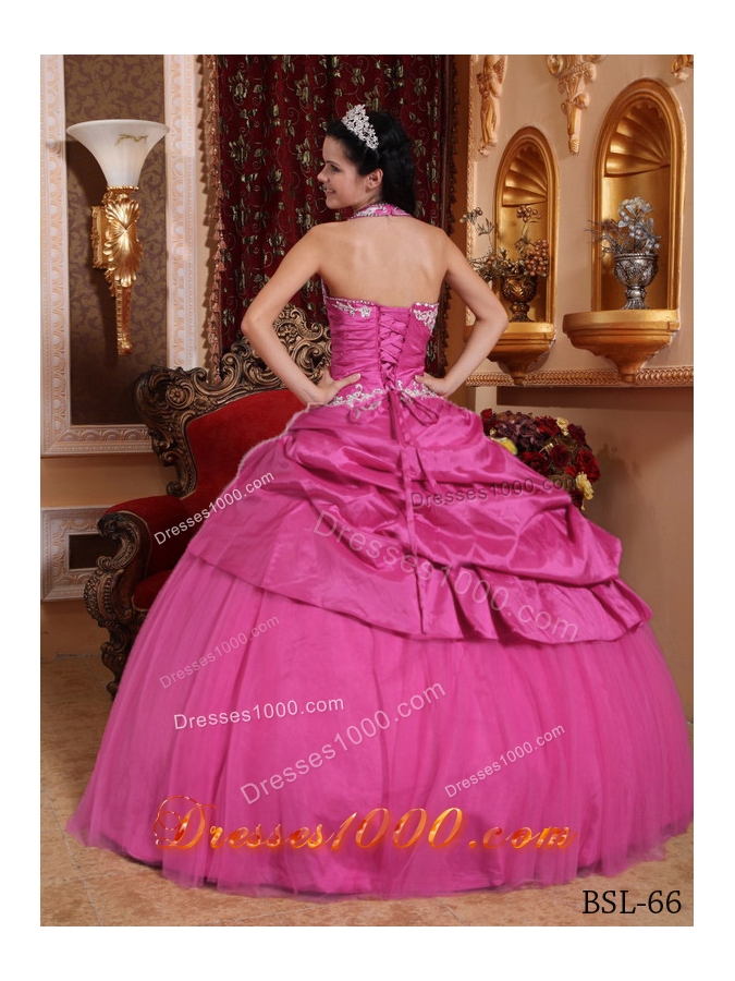 Rose Pink Ball Gown Halter Quinceanera Dress with Taffeta Appliques