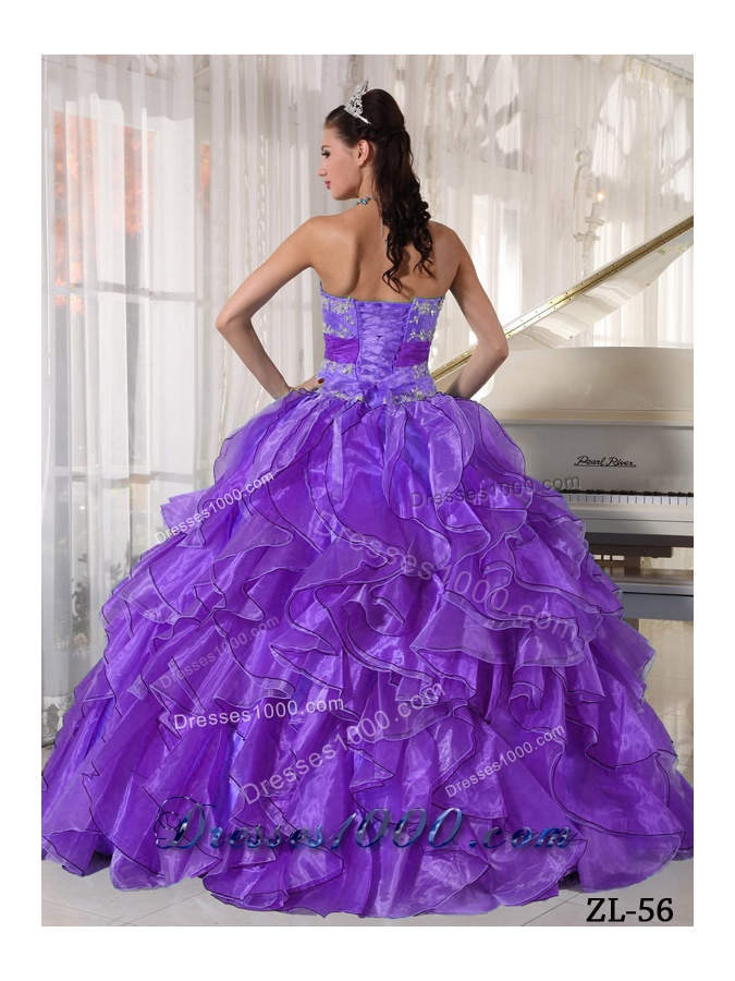 Strapless Ball Gown Organza Sweet 16 Dresses with Appliques and Ruffles