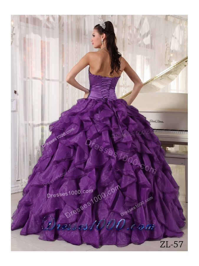 Strapless Organza Purple Quinceaneras Dress with Beading and Ruffles