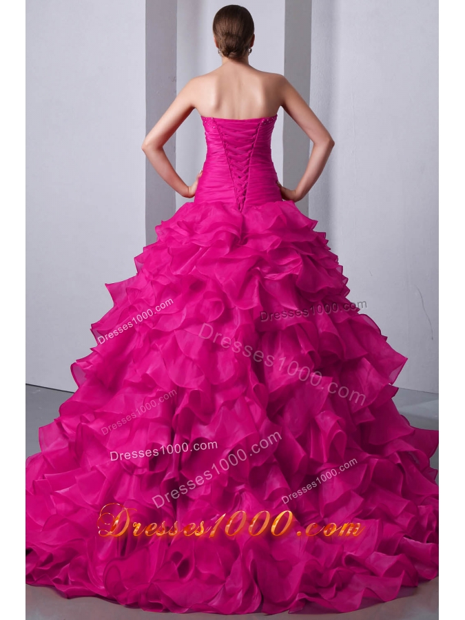 Fuchsia Princess Sweetheart Brush Train Quinceanea Dress with Organza Beading Ruffles