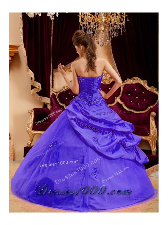 Purple Strapless Quinceanera Gowns with Appliques and Pick-ups