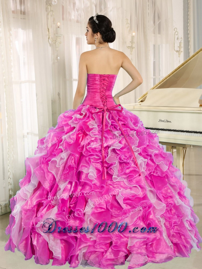 2014 Hot Pink Sweetheart Beaded and Ruffles New Style Quinceanera Gowns