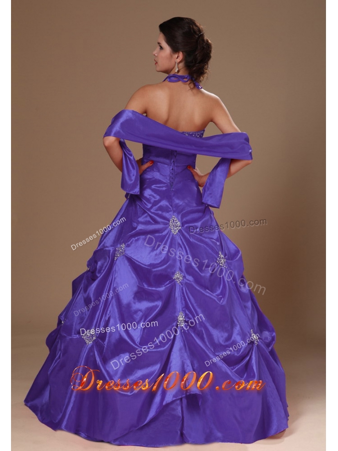 A-line Purple Halter Top Quinceanera Dress with Pick-ups and Beading