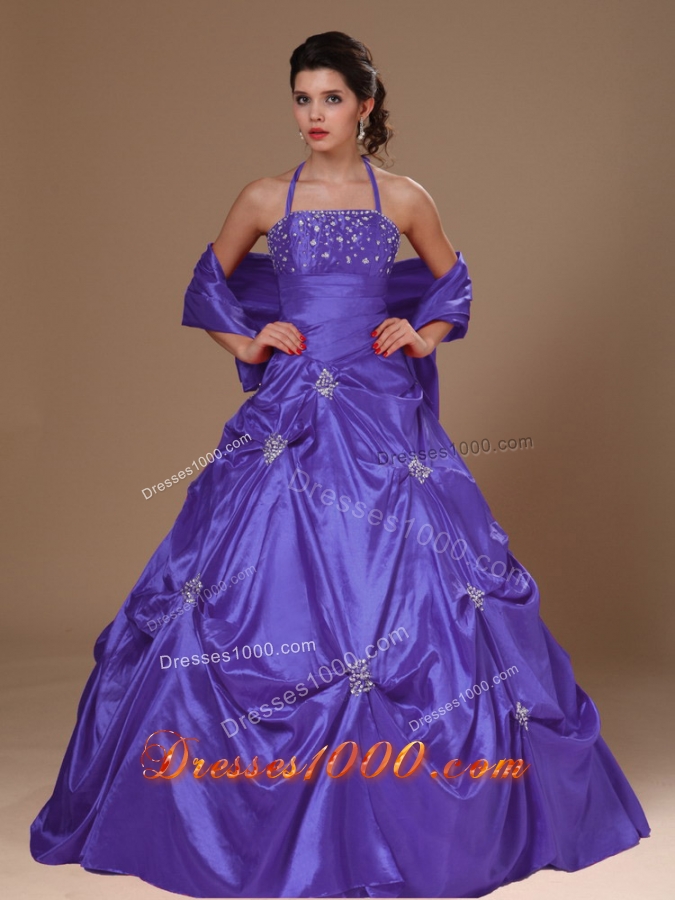 A-line Purple Halter Top Quinceanera Dress with Pick-ups and Beading