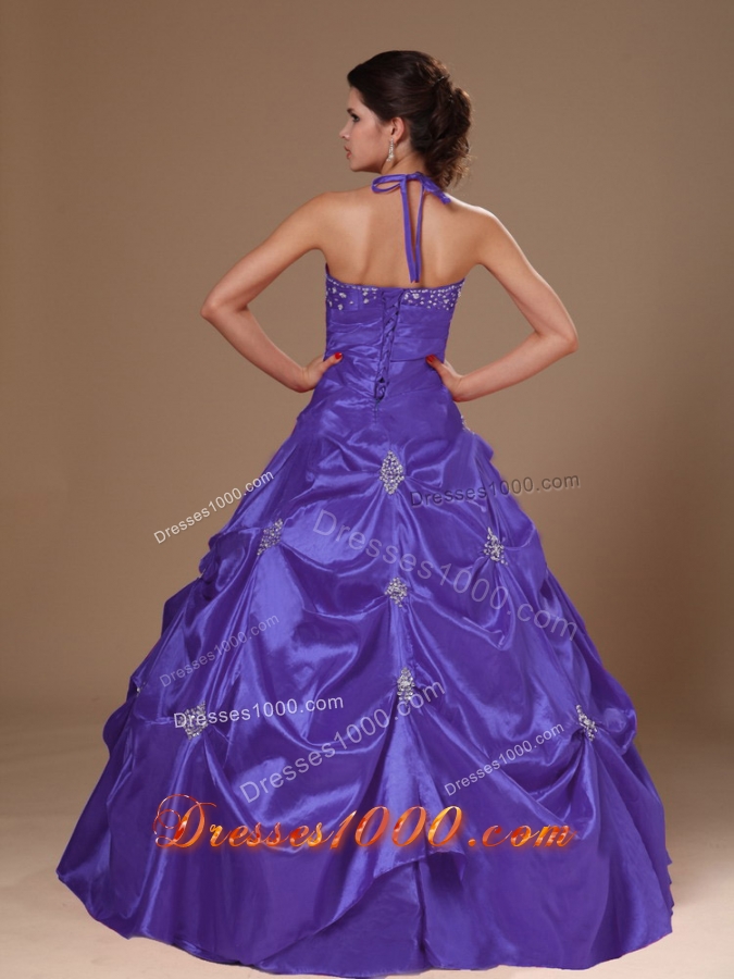 A-line Purple Halter Top Quinceanera Dress with Pick-ups and Beading