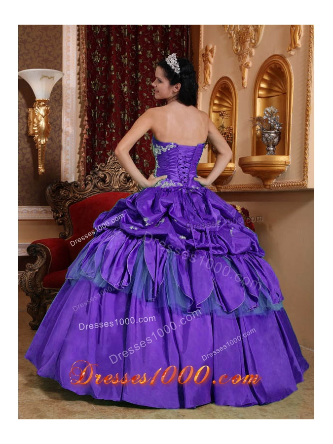 Affordable Purple Strapless Appliques Quinceanera Dress with Pick-ups