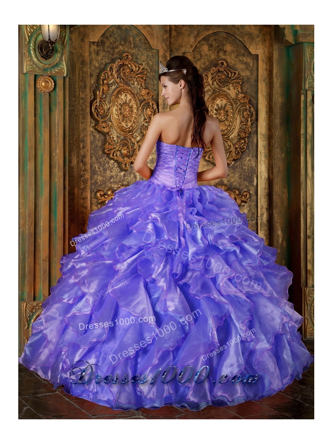 Blue Ball Gown Strapless Beading and Ruffles Quinceanera Gowns