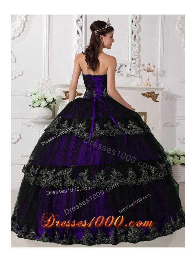 Discount Purple Ruffled Layers Strapless Appliques Quinceanera Dress