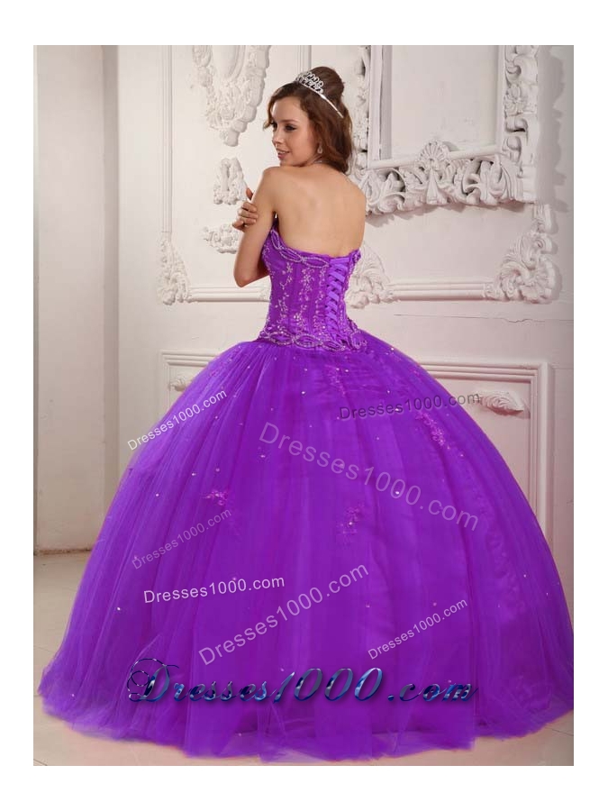 Elegant Strapless Tulle Purple Quinceneara Dresses with Appliques and Beading