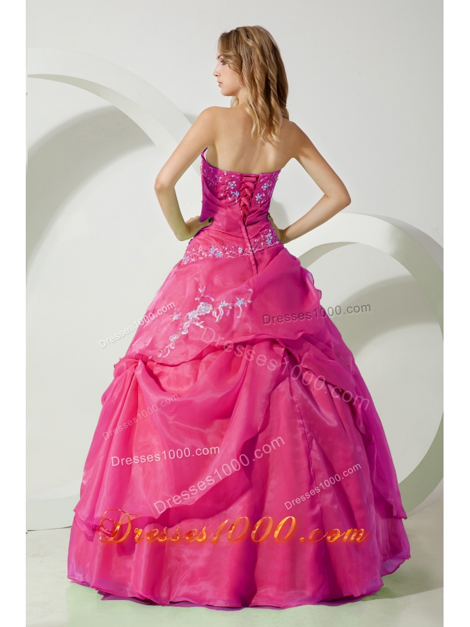 Hot Pink Ball Gown Strapless Quinceanera Dress with Chiffon Embroidery