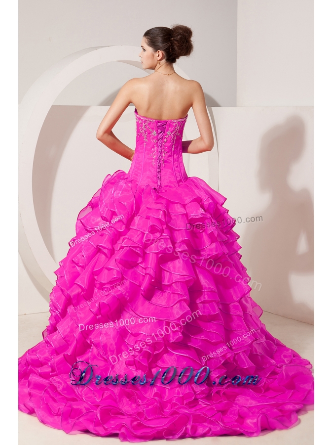 Hot Pink Princess Sweetheart Brush Train Quinceanera Dresses with Taffeta Beading