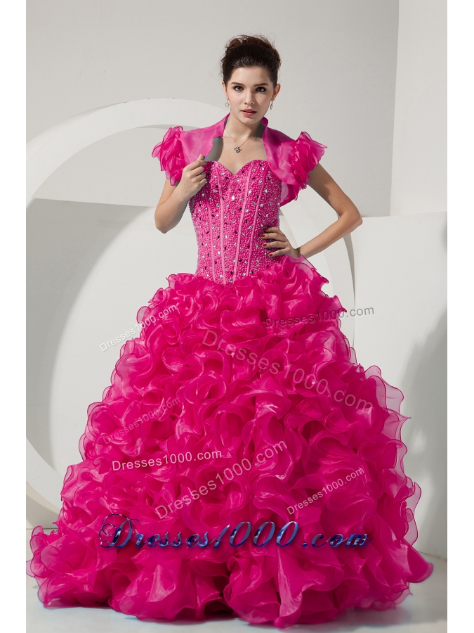Hot Pink Princess Sweetheart Quinceanera Dresses with Beading