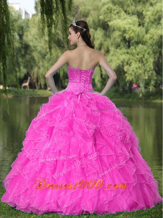 Hot Pink Skirt Beaded Decorate Quinceanera Dresses With Sweetheart