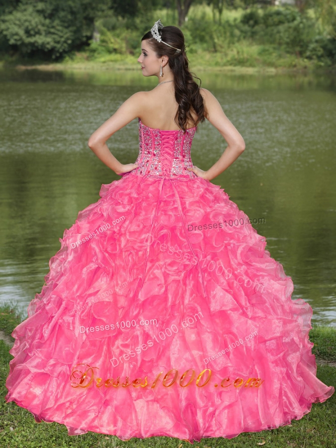 Hot Pink Sweetheart 2014 Quinceanera Gowns With Beaded Ruffles Layered